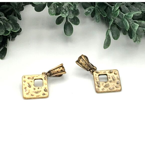 Vintage Hammered Square Brass Dangle Earrings With Cutout Design clip on by Prem - Picture 2 of 5